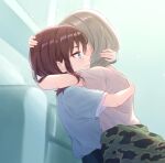  2girls blue_eyes blue_shirt blush brown_hair camouflage camouflage_jacket closed_mouth clothes_around_waist commentary_request girls_band_cry grey_hair grey_shirt hand_on_another&#039;s_back hand_on_another&#039;s_head highres hug indoors iseri_nina jacket jacket_around_waist kawaragi_momoka long_hair multiple_girls shirt short_sleeves short_twintails sweatdrop tadokoro_teppei twintails upper_body wavy_mouth yuri 