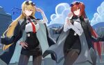  2girls absurdres azur_lane black_coat black_necktie black_pantyhose black_skirt blonde_hair blue_sky breasts closed_mouth coat coat_on_shoulders commission cosplay crossed_bangs eyewear_on_head hand_on_own_hip highres id_card king_george_v_(azur_lane) large_breasts long_hair long_sleeves looking_at_viewer monarch_(azur_lane) monarch_(azur_lane)_(cosplay) monarch_(detective_arriving_on_the_scene)_(azur_lane) multiple_girls necktie official_alternate_costume one_eye_closed outdoors pantyhose pencil_skirt red_eyes red_necktie redhead riel_(ataraxia2334) salute second-party_source shirt skirt sky two-finger_salute white_shirt 