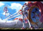  1other 2boys armor blue_shirt blurry blurry_foreground brown_hair cape clouds commentary_request covering_face digimoji digimon digimon_(creature) digital_hazard dorumon dukemon fufumon goggles goggles_around_neck grass hawe_king holding holding_polearm holding_shield holding_weapon knight lance long_hair lordknightmon multiple_boys pink_armor pink_helmet polearm red_cape ribbon shadow shield shirt translation_request weapon white_armor white_hair yellow_eyes yellow_ribbon 