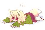  1girl animal_ear_fluff animal_ears blonde_hair empty_eyes fox_ears fox_girl fox_tail full_body green_shirt hair_between_eyes hair_bun hair_ornament hot kemomimi-chan_(naga_u) long_sleeves lying melting naga_u on_stomach original purple_skirt ribbon-trimmed_thighhighs ribbon_trim sailor_collar shaded_face shadow shirt simple_background skirt sleeves_past_fingers sleeves_past_wrists solo tail thigh-highs violet_eyes white_background white_sailor_collar white_thighhighs 