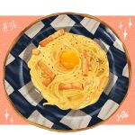  artist_name egg_(food) egg_yolk food food_focus no_humans original pasta plate spaghetti sparkle takisou_sou 