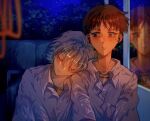  2boys absurdres blue_eyes brown_hair bubble buttons chinese_commentary clenched_teeth closed_eyes collarbone collared_shirt colored_eyelashes commentary_request earphones earphones head_on_another&#039;s_shoulder highres ikari_shinji indoors light_blush listening_to_music long_sleeves looking_at_another male_focus multiple_boys nagisa_kaworu neon_genesis_evangelion pale_skin parted_lips pink_lips psycho373 reflection shirt short_hair sleeping straight-on tank_top teeth train_interior upper_body white_hair white_shirt white_tank_top window yellow_tank_top 
