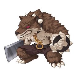  1boy animal_collar animal_ears atroce barefoot bracelet brown_pants chain chibi chibi_only cleaver collar colored_sclera full_body furry furry_male holding_cleaver jewelry male_focus no_pupils official_art pants ragnarok_online red_sclera scar scar_across_eye sharp_teeth simple_background solo spiked_bracelet spiked_collar spikes teeth topless_male transparent_background wolf_boy wolf_ears yuichirou 