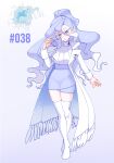  1girl absurdres alolan_ninetales blue_eyes blue_lips coat colored_eyelashes commentary creature_and_personification english_commentary full_body gradient_background hair_between_eyes highres long_hair no_shoes official_art_inset open_clothes open_coat open_mouth pencil_skirt personification pokemon pokemon_(creature) purple_background purple_skirt rhymewithray simple_background skirt standing thigh-highs violet_eyes wavy_hair white_coat white_thighhighs 