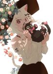  1girl animal animal_ears black_cat black_hat black_skirt cat cat_ears cat_girl cat_tail covering_own_mouth cowboy_shot flower hair_between_eyes highres holding holding_animal holding_cat leaning_to_the_side long_sleeves looking_at_viewer off-shoulder_shirt off_shoulder oimo_imoo original pink_flower red_eyes shirt short_hair sidelocks simple_background skirt sleeve_cuffs solo tail v white_background white_flower white_hair white_shirt wide_brim 