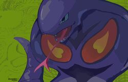  animal_focus arbok black_eyes commentary_request green_background highres looking_down no_humans open_mouth pokemon pokemon_(creature) snake solo teeth tongue tongue_out twitter_username valentine_(02140314c) 
