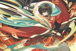  1boy absurdres aqua_cape armor bird black_background black_gloves black_hair black_shirt blue_eyes braid cape earrings embers feathers fighting_stance fingerless_gloves fire gloves grey_hakama hair_between_eyes hakama highres holding holding_sword holding_weapon im_honeybread izumi-no-kami_kanesada japanese_armor japanese_clothes jewelry kimono kote kurokote long_hair long_sleeves looking_at_viewer male_focus parted_lips phoenix red_kimono shirt side_braid smile solo sword tassel tassel_earrings touken_ranbu very_long_hair wakizashi weapon 