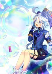  1girl :d ahoge ascot asymmetrical_gloves black_footwear black_gloves black_shirt black_shorts black_vest blowing_bubbles blue_ascot blue_eyes blue_hair blue_hat blue_jacket bubble_pipe commentary_request commission feet_out_of_frame furina_(genshin_impact) genshin_impact gloves grey_hair hair_between_eyes hair_intakes hat holding jacket kou_hiyoyo long_sleeves mismatched_gloves multicolored_hair shirt shoes shorts skeb_commission smile socks solo streaked_hair tilted_headwear vest white_gloves white_socks 