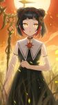  algorhythm_project black_hair black_shirt black_skirt choker double_bun fire hair_bun hairband highres holding holding_scepter kaohom503 multicolored_hair open_mouth redhead scepter shirt skirt solar_(algorhythm_project) sun virtual_youtuber yellow_eyes 