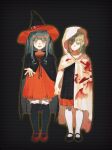  2girls absurdres aged_down bang_dream! bang_dream!_it&#039;s_mygo!!!!! black_background black_cape black_dress black_footwear black_pantyhose blood blood_on_clothes blue_hair cape closed_mouth commentary_request dress full_body ghost_costume green_hair hat highres holding_hands long_hair mary_janes multiple_girls ochano open_mouth pantyhose red_dress red_footwear shoes simple_background smile togawa_sakiko two_side_up wakaba_mutsumi white_cape white_pantyhose witch_hat yellow_eyes 