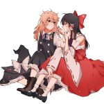  2girls ascot back_bow bare_shoulders black_dress black_hat blonde_hair blush bobby_socks border bow brown_footwear brown_hair carrying collarbone commentary detached_sleeves dress earrings flower frilled_bow frilled_shirt_collar frills grin hair_between_eyes hair_bow hair_tubes hakurei_reimu hat high_heels hitte5416 holding holding_flower jewelry kirisame_marisa long_hair looking_at_another multiple_girls neck_ribbon parted_lips petals petticoat ponytail puffy_short_sleeves puffy_sleeves red_bow red_footwear red_ribbon red_skirt red_vest ribbon ribbon-trimmed_collar ribbon_trim short_sleeves sidelocks simple_background sitting skirt smile socks symbol-only_commentary touhou vest wavy_mouth white_background white_border white_bow white_socks witch_hat yellow_ascot yellow_eyes yuri 