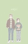  2boys aged_down blonde_hair brothers brown_hair cereal_box dean_winchester full_body green_eyes hand_in_pocket height_difference highres korean_text male_focus multiple_boys sam_winchester short_hair siblings simple_background supernatural_(tv_series) translation_request tripleace333 