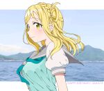  1girl :3 aqua_neckerchief blonde_hair blue_sky blush braid breasts commentary crown_braid dated from_side green_vest grey_sailor_collar happy_birthday highres jenny_(je2live) large_breasts letterboxed looking_at_viewer looking_to_the_side love_live! love_live!_sunshine!! mountain neckerchief ocean ohara_mari outside_border sailor_collar school_uniform serafuku shirt single_hair_ring sky solo summer_uniform upper_body uranohoshi_school_uniform vest white_shirt yellow_eyes 
