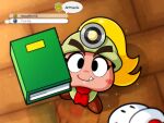  1girl artist_name ascot blonde_hair blush_stickers book english_text fang full_body gloves goomba goombella highres holding holding_book linker long_hair looking_at_viewer mario menu mining_helmet paper_mario paper_mario:_the_thousand_year_door red_ascot reflection shadow shine_sprite smile solo_focus sparkle super_mario_bros. white_gloves 
