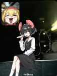  1boy 2girls alice_margatroid animal_ears blonde_hair closed_eyes cookie_(touhou) crystal dress drum drum_set fan_screaming_at_madison_beer_(meme) flat_chest frilled_hairband frills full_body grey_dress grey_hair hair_between_eyes hairband highres holding holding_microphone ichigo_(cookie) instrument jewelry long_sleeves looking_to_the_side manatsu_no_yo_no_inmu medium_bangs meme microphone motion_blur mouse_ears mouse_girl mouse_tail multiple_girls nazrin necklace nyon_(cookie) open_mouth pendant photo_background pinafore_dress red_eyes red_hairband shirt short_hair sitting sleeveless sleeveless_dress smile socks tail takuya_(acceed) touhou traveler_hxy v-shaped_eyebrows white_shirt white_socks 