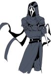  belt black_gloves buttons capelet crossed_arms ghostface gloves holding holding_knife hood hood_up knife long_sleeves mask pants rokkoron scream_(movie) simple_background solo standing strap weapon white_background 