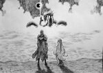  2boys absurdres black_sun braid cape chronozbergh clouds commentary elden_ring from_behind full_body graphite_(medium) greyscale highres horizon long_hair looking_ahead male_focus miquella_(elden_ring) monochrome monster multiple_boys otoko_no_ko single_braid standing sun tarnished_(elden_ring) traditional_media 