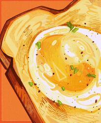  analogous_colors border bread bread_slice breakfast chives commentary egg egg_(food) english_commentary film_grain food food_focus fried_egg fried_egg_on_toast hatching_(texture) highres inset_border no_humans orange_background orange_border original outside_border pepper_(spice) quezify simple_background still_life toast yellow_border 