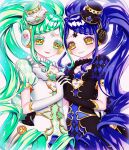  2girls absurdres ao_(ao0_0nemu) bad_id bad_pixiv_id black_dress black_gloves blue_hair braid braided_bangs cowboy_shot dress falala_a_larm garara_s_leep gloves gold_trim green_hair hat head_chain headphones highres holding_hands idol_time_pripara long_hair looking_at_another mini_hat multiple_girls open_mouth pretty_series print_dress pripara puffy_short_sleeves puffy_sleeves short_sleeves siblings sisters smile symbol-shaped_pupils twins twintails very_long_hair white_dress white_gloves yellow_eyes 