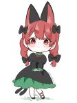  1girl animal_ears aoringo_orin black_bow black_footwear bow cat_ears cat_girl cat_tail extra_ears full_body hair_bow juliet_sleeves kaenbyou_rin long_sleeves looking_at_viewer multiple_tails puffy_sleeves red_eyes simple_background solo standing tail touhou twitter_username two_tails white_background 