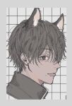  1boy animal_ears black_eyes black_hair black_jacket border cat_ears chainsaw_man closed_mouth cropped_head extra_ears grey_background grey_border grid_background hair_between_eyes hair_over_one_eye highres jacket light_smile looking_at_viewer male_focus mole mole_under_mouth namida_a2 portrait solo yoshida_hirofumi 