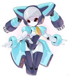  1girl android dear_stage highres humanoid_robot joints mechanical_ears mechanical_hair medarot no_mouth no_nose rati_(absoluteblue) robot robot_girl robot_joints solo thigh-highs twintails white_background 