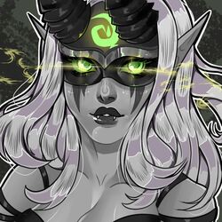  1girl black_horns chairaeart character_request collar commission demon_horns glowing_eyes green_eyes lips long_hair looking_at_viewer mask nose paid_reward_available pointy_ears portrait shiny shiny_skin white_hair world_of_warcraft 