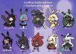  6+girls ancient_rabbit animal_ears antlers assassin_rabbit black_dress black_hair black_horns black_shirt black_skirt blonde_hair blue_eyes bow_(weapon) brown_skirt bruiser_rabbit chibi closed_mouth commentary dagger dancer_rabbit dark-skinned_female dark_skin defender_rabbit dress druid_rabbit english_commentary foil_(fencing) frown full_body greatsword green_eyes green_hair grey_hair grey_shorts hair_between_eyes hair_over_one_eye half_up_braid heavyblade_rabbit high_ponytail holding holding_bow_(weapon) holding_dagger holding_knife holding_polearm holding_staff holding_sword holding_weapon horns knife kunai long_bangs long_hair looking_at_viewer lyn_(shunao) mage_staff medium_bangs multicolored_hair multiple_girls one_eye_closed open_mouth pink_hair polearm purple_background rabbit_and_steel rabbit_ears rabbit_girl red_eyes redhead ribbon-trimmed_skirt ribbon_trim shirt short_hair shorts skirt smile sniper_rabbit spear spellsword_rabbit staff strapless sword tube_top twintails two-tone_hair weapon white_dress wizard_rabbit yellow_eyes yellow_skirt yellow_tube_top 