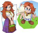  1girl 2024 aged_down aged_up ascot bird blue_eyes boots breasts brown_hair bucket chicken cucco dated dress dual_persona hetero highres holding holding_bucket long_hair long_skirt malon mendo&#039;s_art parted_bangs pointy_ears purple_skirt redhead skirt smile solo the_legend_of_zelda the_legend_of_zelda:_ocarina_of_time white_dress yellow_ascot 