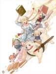  1girl aged_down animalization barefoot blonde_hair book braid cat character_doll dog doll dress dungeon_meshi edo_mond_(edoedoedomond) elf english_commentary green_eyes long_hair marcille_donato pointy_ears sheath sheathed sword weapon white_background white_dress 
