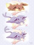  animal_focus colored_sclera eevee espeon evolution evolutionary_line fluffy forehead_jewel forked_tail gem licking mugita_konomi petting pokemon pokemon_(creature) pokemon_tail purple_fur purple_sclera red_gemstone signature simple_background tail white_background 