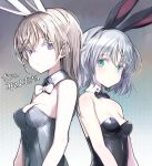  2girls animal_ears black_leotard bow bowtie commentary_request detached_collar eila_ilmatar_juutilainen fake_animal_ears green_eyes grey_hair highres leotard light_brown_hair long_hair looking_at_viewer multiple_girls playboy_bunny rabbit_ears sanya_v._litvyak shimada_fumikane short_hair strapless strapless_leotard strike_witches translation_request upper_body violet_eyes world_witches_series 