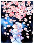  1girl abstract_background blue_background blue_scarf blue_sweater border cherry_blossoms dark_background falling_flower falling_petals flower long_sleeves looking_at_flowers looking_up maruti_bitamin open_mouth original painting_(medium) petals pink_flower pink_petals scarf solo sweater traditional_media upper_body watercolor_(medium) white_border white_eyes white_hair 