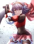  1girl armor braid breastplate buster_sword cape fire_emblem fire_emblem_engage grey_hairband hairband highres holding holding_sword holding_weapon lapis_(fire_emblem) pantyhose pink_eyes pink_hair red_armor red_cape red_hairband ribbon side_braid sword two-tone_hairband weapon white_ribbon yozu_(yozu0420) 