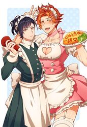  2boys apron arm_around_waist arm_up back_bow blue_hair blush border bottle bow bunny_ears_prank buttons cleavage_cutout closed_mouth clothing_cutout collarbone collared_dress commentary crossdressing dark_blue_hair dress f_ico_e feet_out_of_frame felix_hugo_fraldarius fire_emblem fire_emblem:_three_houses food frilled_dress frilled_sleeves frills hair_ornament hairclip heart highres holding holding_bottle holding_plate juliet_sleeves ketchup_bottle lace_thighhighs legwear_garter long_sleeves looking_at_viewer maid maid_apron maid_headdress male_focus multiple_boys neck_ribbon omelet omurice open_mouth orange_eyes orange_hair pectoral_cleavage pectorals pink_dress pink_ribbon plate ponytail puffy_sleeves ribbon short_ponytail simple_background sweat sweatdrop sylvain_jose_gautier teeth thigh-highs twitter_username upper_teeth_only v white_border white_bow white_thighhighs white_wrist_cuffs wing_collar wrist_cuffs yellow_eyes 