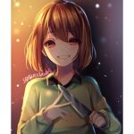  1girl artist_name black_background blush brown_hair chara_(undertale) collared_shirt genderswap genderswap_(otf) gradient_background gradient_eyes green_sweater grin hair_between_eyes holding holding_knife knife light long_sleeves looking_at_viewer multicolored_eyes orange_background orange_eyes sasucchi95 shirt short_hair smile solo striped_clothes striped_sweater sweater undertale upper_body violet_eyes yellow_background yellow_sweater 