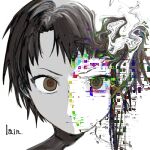  1girl abstract asymmetrical_bangs brown_eyes character_name closed_mouth commentary english_commentary film_grain glitch hair_ornament highres igurumi_00128 iwakura_lain looking_at_viewer portrait serial_experiments_lain short_hair solo x_hair_ornament 