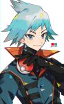  1boy aqua_eyes aqua_hair black_gloves blush closed_mouth coat color_guide commentary_request gloves green_coat hand_up highres holding holding_poke_ball kawasaki_(kwsk_8765) male_focus official_alternate_costume poke_ball poke_ball_(basic) pokemon pokemon_masters_ex short_hair smile solo spiky_hair steven_stone steven_stone_(sygna_suit) upper_body 