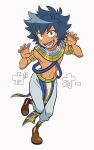  1boy beyblade beyblade:_burst blue_hair brown_footwear claw_pose dot_nose egyptian_clothes fingernails full_body gold_armlet grey_eyes highres laban_vanot looking_at_viewer male_focus navel pants short_hair simple_background solo teeth translation_request uochandayo usekh_collar white_background white_pants 