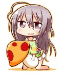  1girl ahoge barefoot blush bow braid brown_eyes brown_outline chibi collarbone colored_shadow commentary_request food full_body green_shirt grey_hair hair_between_eyes hair_bow holding holding_food hoshi_syoko idolmaster idolmaster_cinderella_girls long_hair long_sleeves looking_at_viewer mushroom naga_u off_shoulder parted_lips pink_bow pleated_skirt shadow shirt simple_background single_braid skirt smile solo very_long_hair white_background white_skirt 