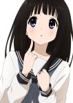  1girl absurdres black_hair black_sailor_collar blush chitanda_eru commentary_request dot_nose facing_viewer hands_up highres hyouka index_finger_raised kamiyama_high_school_uniform_(hyouka) kicchi_(tmgk) long_hair long_sleeves looking_up parted_lips sailor_collar school_uniform sidelocks simple_background solo tareme thinking upper_body violet_eyes white_background 