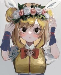  1girl arms_up blonde_hair grey_background hair_ribbon haniwa_(statue) haniwa_kue head_wreath highres joutouguu_mayumi looking_at_viewer open_mouth ribbon short_hair simple_background solo touhou upper_body vambraces white_ribbon yellow_eyes 