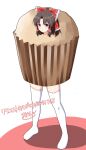  1girl :/ absurdres bow brown_eyes brown_hair commentary_request commission food food_costume frilled_bow frilled_hair_tubes frills full_body hair_bow hair_tubes hakurei_reimu highres muffin no_shoes red_bow rise_(rise19851203) short_hair sidelocks simple_background standing sweatdrop thigh-highs touhou translation_request white_background white_thighhighs 