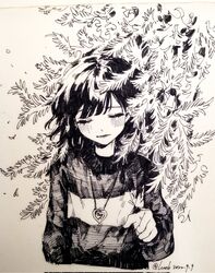  1other arm_at_side ballpoint_pen_(medium) center-flap_bangs chara_(undertale) closed_eyes commentary_request cropped_torso flower heart heart_necklace highres jewelry long_sleeves lower_teeth_only luobxd necklace open_mouth other_focus photo_(medium) short_hair solo striped_clothes striped_sweater sweater teeth traditional_media twitter_username undertale 