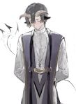  1boy animal_ears arm_behind_back black_hair blush clerical_collar closed_eyes demon_boy demon_cleric demon_tail embarrassed goat_ears goat_horns hair_between_eyes highres horns looking_down male_focus maou-jou_de_oyasumi shy simple_background standing suechimu sweat tail tail_wagging upper_body 
