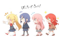  4girls :d ahoge black_pantyhose black_sweater black_vest blonde_hair blue_eyes blue_hair blue_skirt blush bocchi_the_rock! bow bowtie brown_footwear brown_shirt chibi closed_eyes copyright_name detached_ahoge gotoh_hitori green_eyes grey_skirt hair_ornament hairclip ijichi_nijika kita_ikuyo long_hair mole mole_under_eye multiple_girls one_side_up pants pants_under_skirt pantyhose pink_hair pink_pants pink_track_suit pointing rebecca_(keinelove) red_bow red_bowtie red_footwear redhead school_uniform shimokitazawa_high_school_uniform shirt shuka_high_school_uniform side_ponytail skirt smile socks sweater translated vest walking white_background white_shirt white_socks yamada_ryo yellow_eyes 