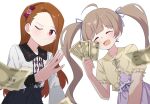  2girls :d absurdres ahoge banknote blue_skirt blurry blurry_foreground blush brown_hair capelet closed_eyes collarbone dress hakozaki_serika highres holding holding_money idolmaster long_hair looking_at_viewer minase_iori money multiple_girls one_eye_closed orange_hair pink_dress shirt shirt_tucked_in short_sleeves simple_background skirt smile twintails violet_eyes white_background white_shirt yellow_capelet 