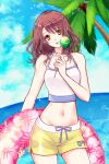  1girl bare_arms bare_shoulders beach blurry blurry_background bosch breasts brown_eyes brown_hair camisole candy cissnei cowboy_shot crisis_core_final_fantasy_vii crop_top final_fantasy final_fantasy_vii food hair_between_eyes highres holding holding_candy holding_food holding_lollipop holding_swim_ring lollipop long_hair medium_breasts midriff navel official_alternate_costume palm_tree parted_lips short_shorts shorts solo swim_ring tree wavy_hair white_camisole yellow_shorts 