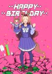  1girl 1other ^_^ animal_ears artist_self-insert birthday bow bowtie brown_footwear brown_hair clenched_hand closed_eyes doradamashi ear_ornament facing_viewer full_body hair_intakes happy_birthday highres horse_ears horse_girl horse_tail kawakami_princess_(umamusume) loafers long_hair long_sleeves open_mouth pink_background pleated_skirt puppet purple_serafuku purple_shirt purple_skirt sailor_collar sailor_shirt school_uniform serafuku shirt shoes simple_background skirt tail tracen_school_uniform umamusume white_bow white_bowtie 