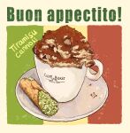  bmu_s cannoli coffee coffee_mug cup food food_focus food_name highres italian_flag italian_text mug no_humans original saucer tiramisu 